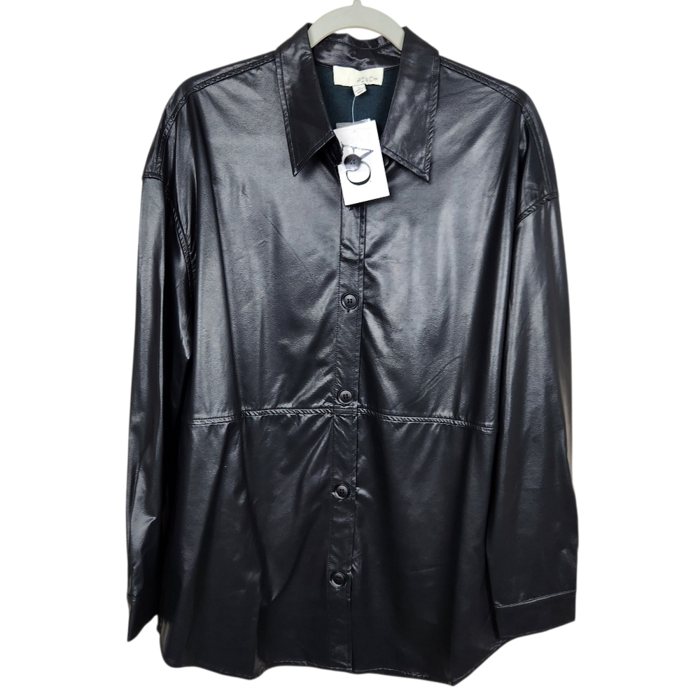 Pinch NWT Black Faux Leather Button Up Long Sleeve Shirt Collared Womens Size L